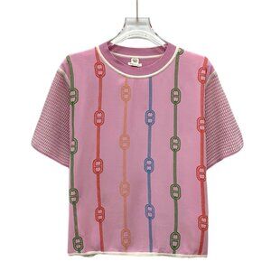 Hermes Pink striped “Pig Nose” print silk short-sleeve knit top